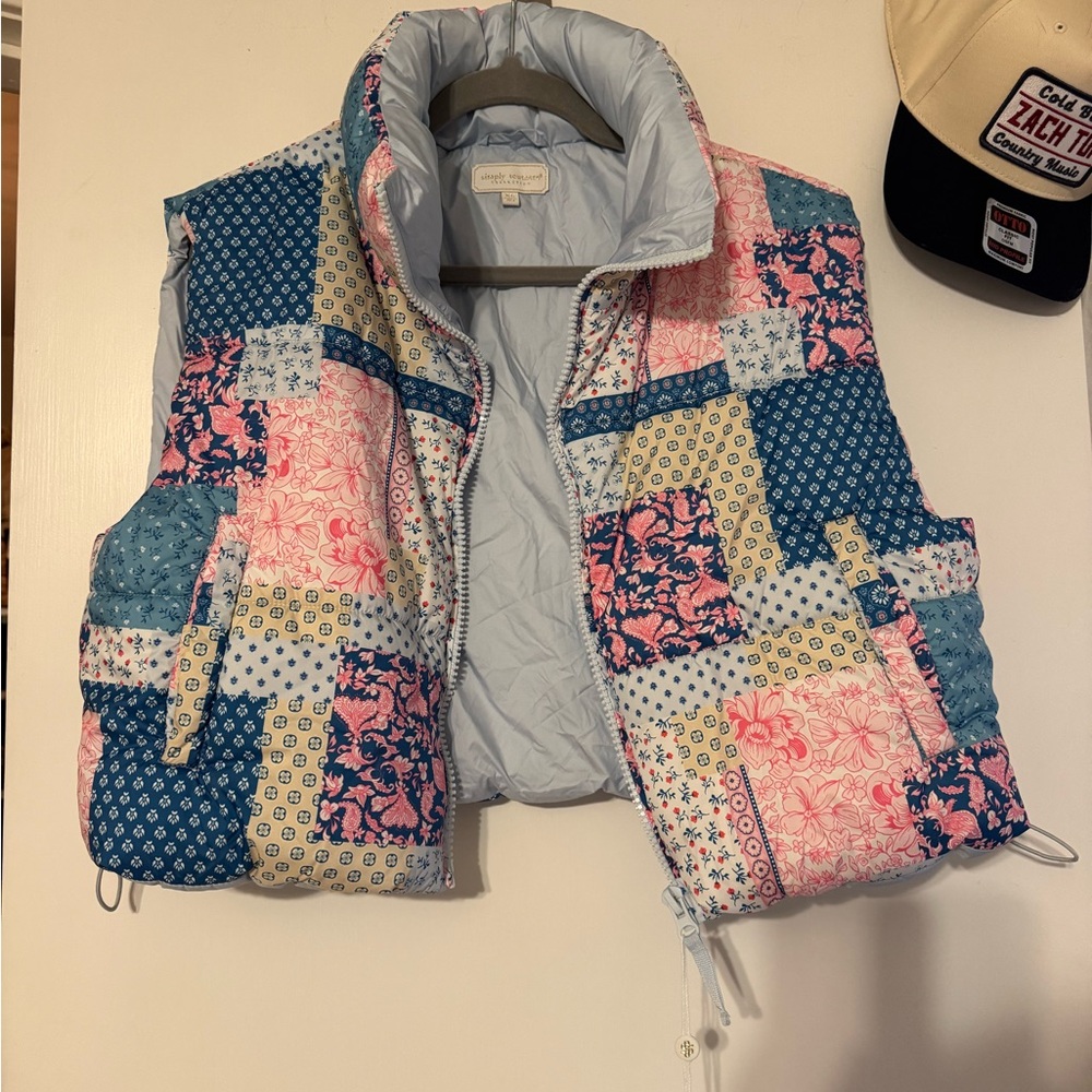 Simply Southern Patchwork Quilted Puffer Vest in Blue, Pink, Cream